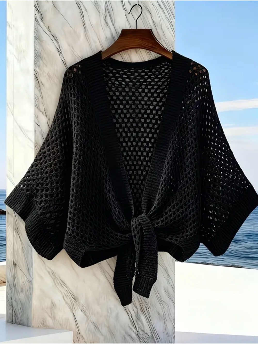 Black Open-Knit Tie-Front Sweater -